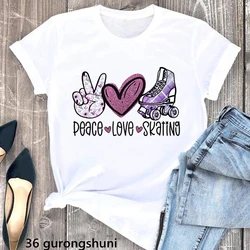 Watercolor Peace Love Skating Graphic Print Tshirt Girls Roller Skating Enthusiast T Shirt Women Funny T-Shirt Female Wholesale