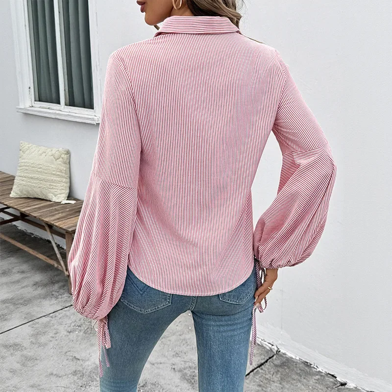 

2025 Autumn New Stripe Splicing Cardigan Top for Women in Foreign Trade Elegant Commuting Lantern Sleeve Shirt for Women