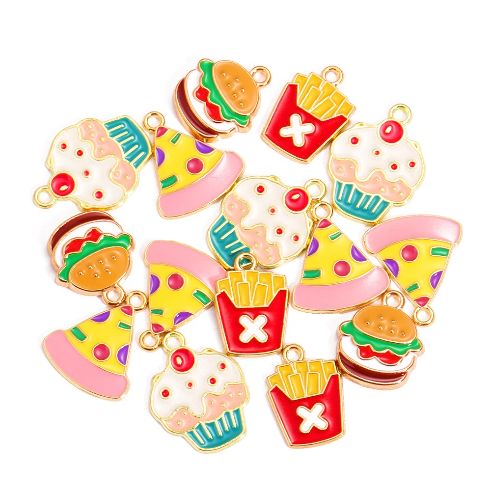 15 unids/set lindo esmalte comida encantos Hamburgo patatas fritas Pizza leche colgante para pulsera de mujer joyería hecha a mano regalos