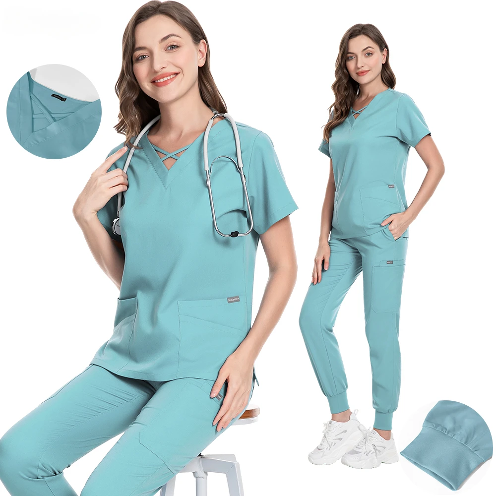 

Medical Suit Pet Grooming Scrub Set Spa Uniforms Unisex V-Neck Work Clothes Summer Surgical Scrubs Top Jogger Pants