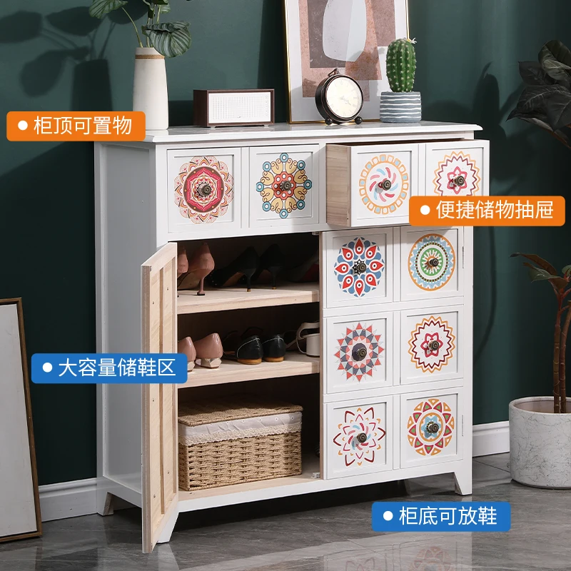 European pastoral solid wood painted bucket cabinet against the wall multi-functional locker American porch cabinet bedroom deco