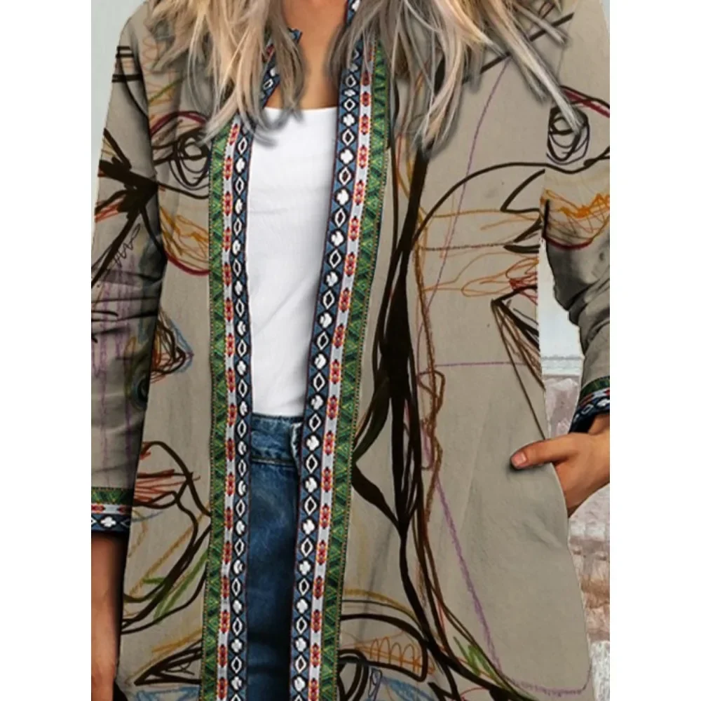 M-3XL Size Autumn Winter New Retro Ethnic Style Printed Long sleeved Coat Jacket Cardigan Women\'s Wear jackets for women