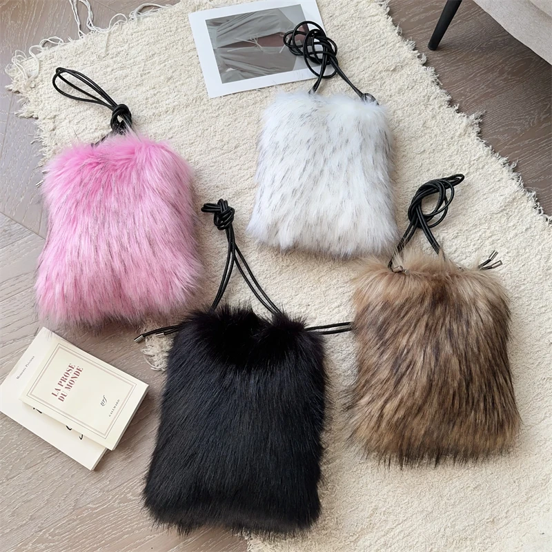 Faux Natural Fur-Ever Brown Raccoon Furry Fur Plush Phone Bag Crossbody Bag Wool For Women With Long Shoulder Fur Straps