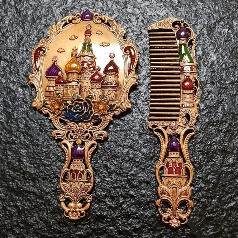 Espejo cosmético portátil Vintage Castle para mujer, juego espejo con estilo ruso y peine, envío directo