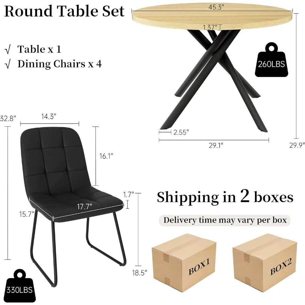 45.3 Inch Round Dining Table Set for 4, Mid Century Modern with 4 U-Shaped Black Chairs view 2
