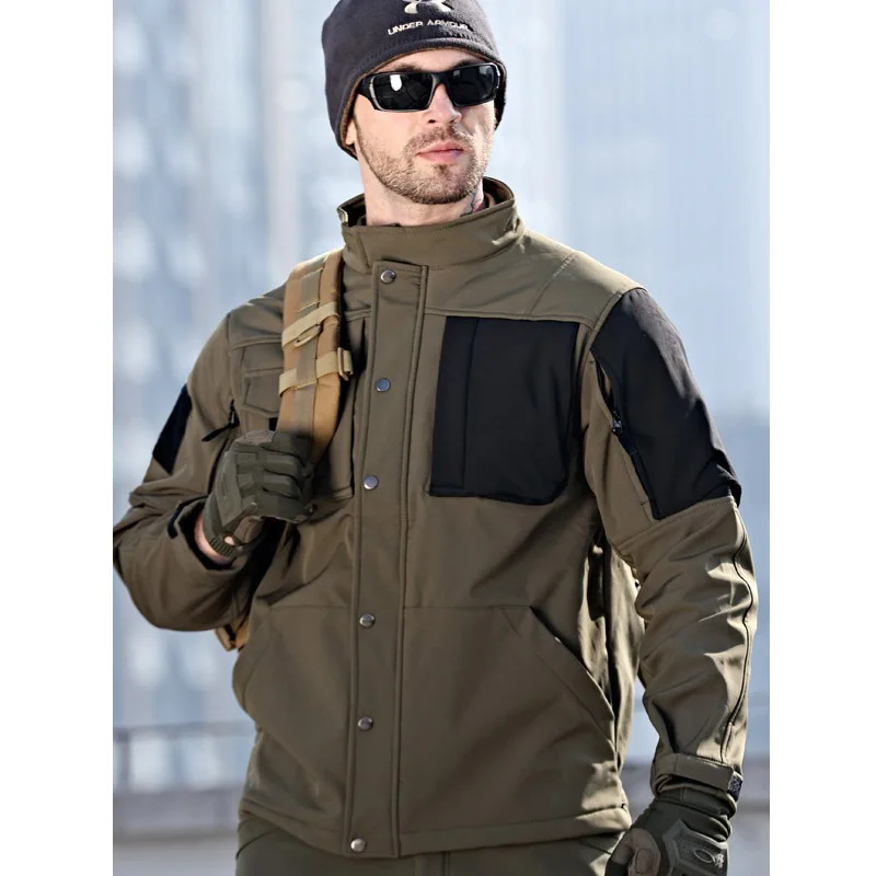 Men's military tactical jacket outdoor shark skin soft shell waterproof fleece jacket motorcycle multi pocket military jacket