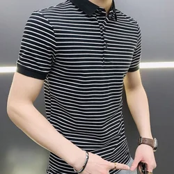 Man with Collar Tee Shirts Streetwear Top Striped Black Vintage Clothing Polo T Shirt for Men Plain Trashy Y2k S Cotton White Xl