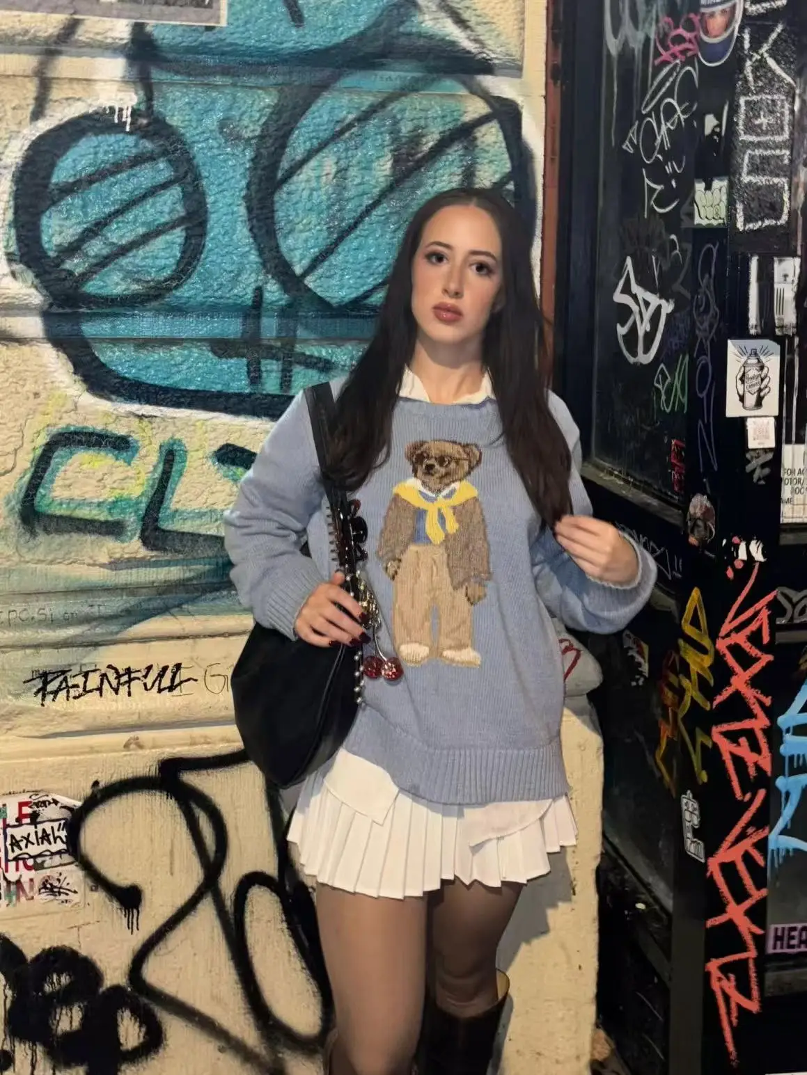 Novo outono e inverno clássico bordado céu azul simples cachecol amarelo, ursinho de pelúcia de malha rl pulôver versátil de alta qualidade feminino