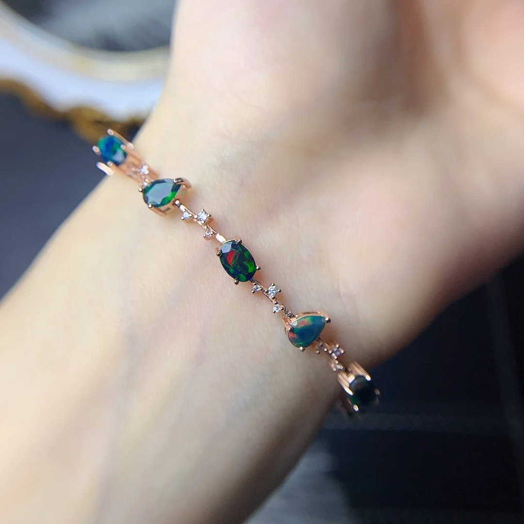 Faceted Cut Pear 4x6mm Natural Black Opal Bracelet 925 Sterling Silver Women Jewelry For Gift