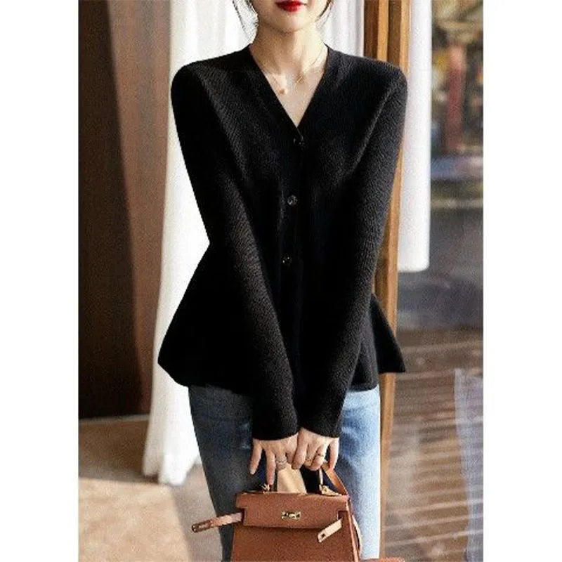 Women Clothing Fashion Chic V-Neck Knitted Top Spring Autumn Elegant Ruffles Knitwear Office Lady Commute Soft Comfort Pullover