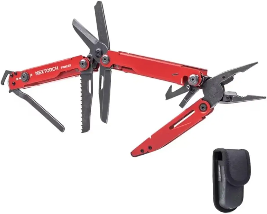 

14-in-1 Multi-Tool Set with Scissors, Pliers, Pocket Clip & Glass Breaker in Red - Versatile Full-Size Tool