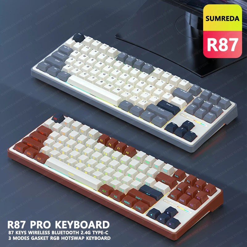 

SUMREDA R87 Pro Wireless Mechanical Keyboard 87Keys Gaming Bluetooth 2.4G Wired Keyboard RGB Hotsawp Gamer Non-contact Keyboard