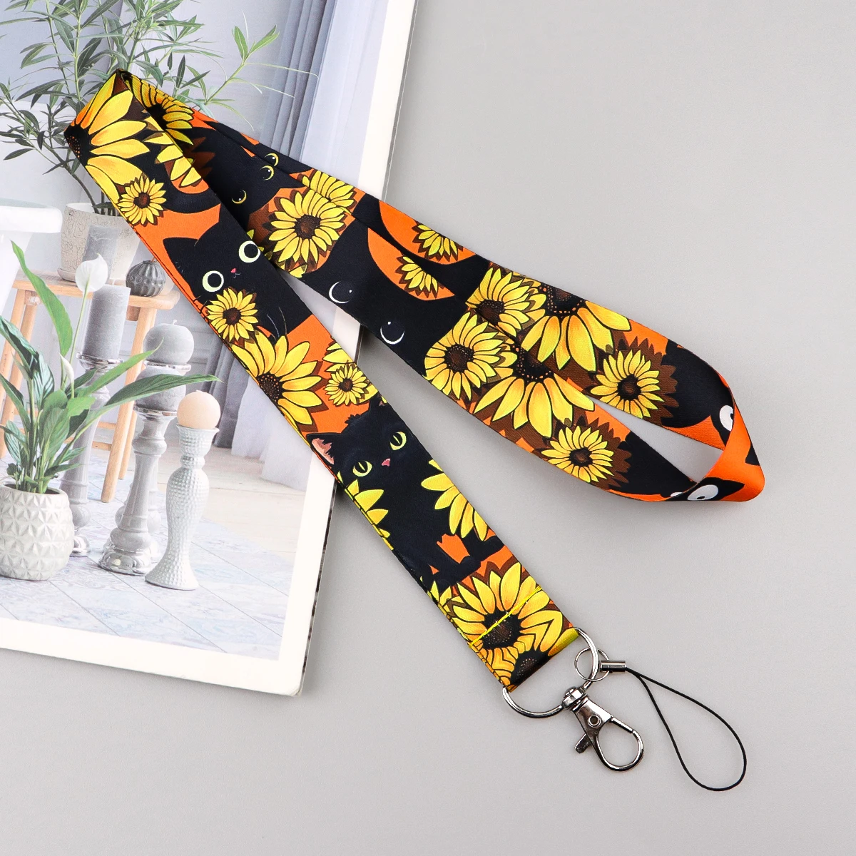Cartoon Aesthetic ID Lanyard Card Holder Sea Creature Floral Black Cat Neon‑style Pattern Portable Daily‑use Name Tag Strap