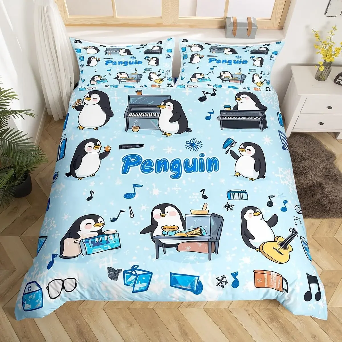 Cartoon Penguin Duvet Cover Queen Twin Cute Arctic Animal Bedding Set,Girls Adults Room,Star Love Heart Romantic Comforter Cover