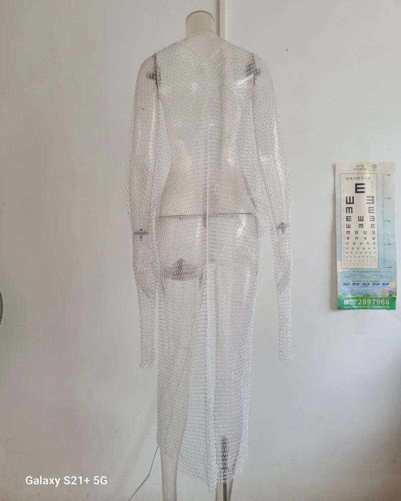 Damen Kristall-Netz Langer Kimono Cover-Up Transparente Fischnetz-Maxikardigan Funkelnde Strass-Strandkleidung – Detail 11