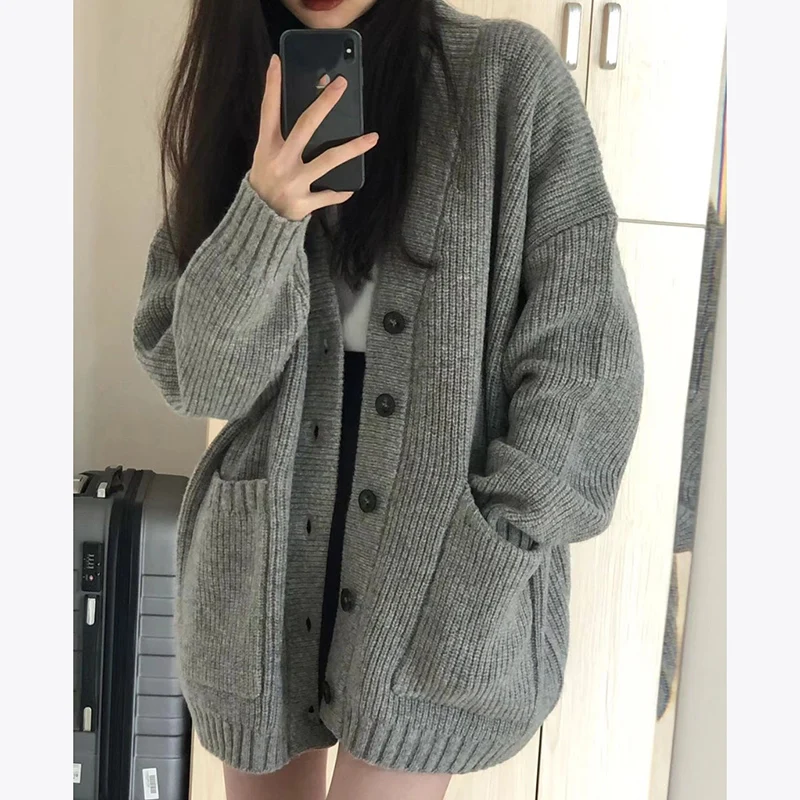 Rimocy Autumn Winter Gray Knitting Cardigan Women Korean Fashion Long Sleeve Loose Cardigan Coat Woman V Neck Button Up Sweaters