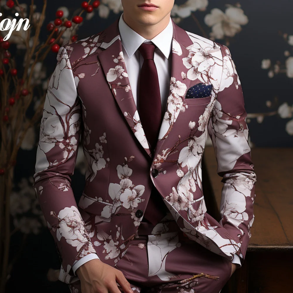 Popular 3D Printed Men Suit Set 2PCS Attractive Peak Lapel Suit Wear Classic single-breasted Performance Suit blazer masculino