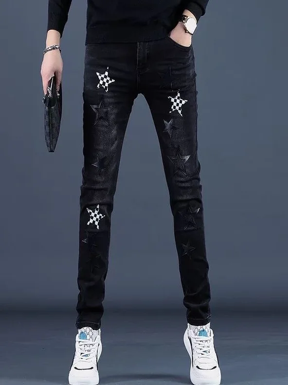 

Мужские джинсы American Sle Slim Fit, новинка 2025 года Faion Bla, эластичные лоскутные длинные брюки, молодежные повседневные длинные брюки со звездной вышивкой, высокая стрейч...