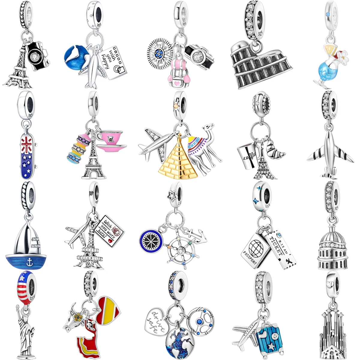 Original 925 Sterling Silver Statue of Liberty Pyramid Airplane Colosseum Charm Beads for PandoraDlY Bracelet Women Jewelry Gift