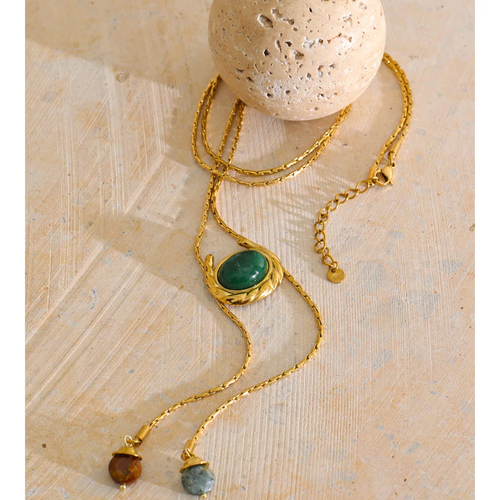 Yhpup 80+5cm Stainless Steel Sweater Chain Necklace Natural Stone Drop Removable Chain Arrivals Popular Glamorous Jewelry