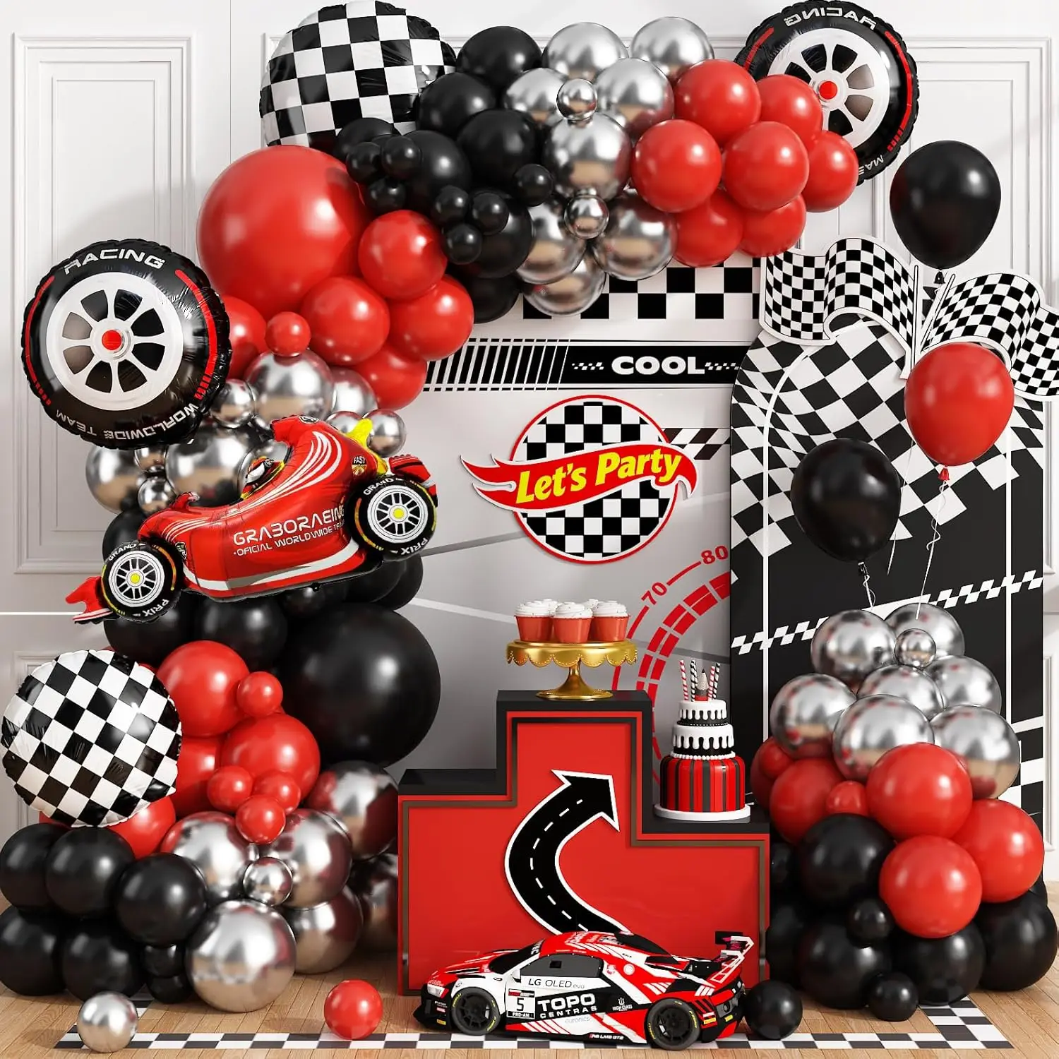 Race Car Checkered Wheel Red Black Silver Balloon Garland Arch Kit for Monster Truck Racing Car Two Fast Birthday Decorations