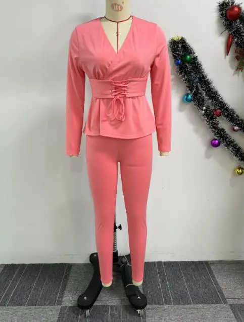 

Комплект из двух предметов, женский наряд, весна-осень 2024, однотонный комплект с v-образным вырезом на талии и длинными рукавами на шнуровке, топ и брюки с высокой талией