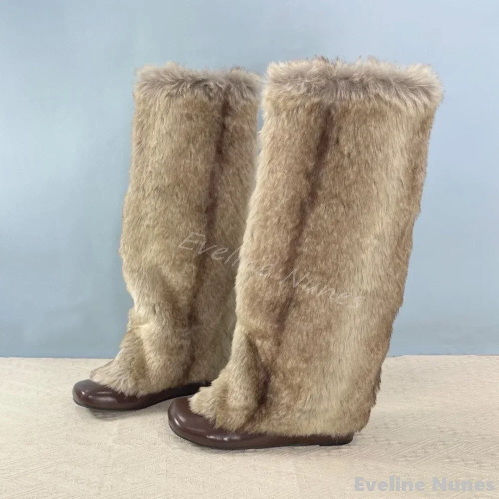 

New Winter Round Toe Fur Warm Knee-high Boots Women Slip On Height Increasing Plush Long Boots New Fashion Sweet Leather Boots