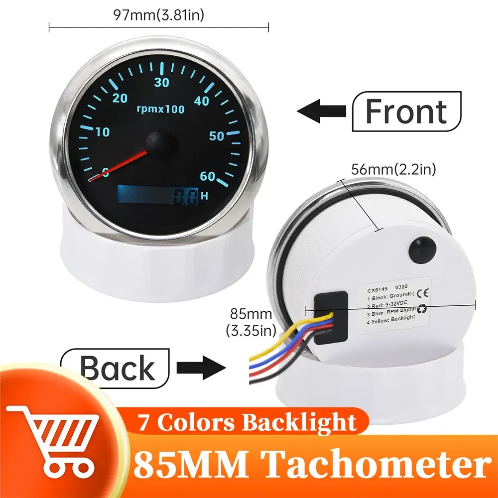 85mm Tachometer Gauge With Digital Hour Marine Boat Tacho Meter 4000RPM 7 Colors Backlight Sensor Car Truck 9-32V Gauge Holder