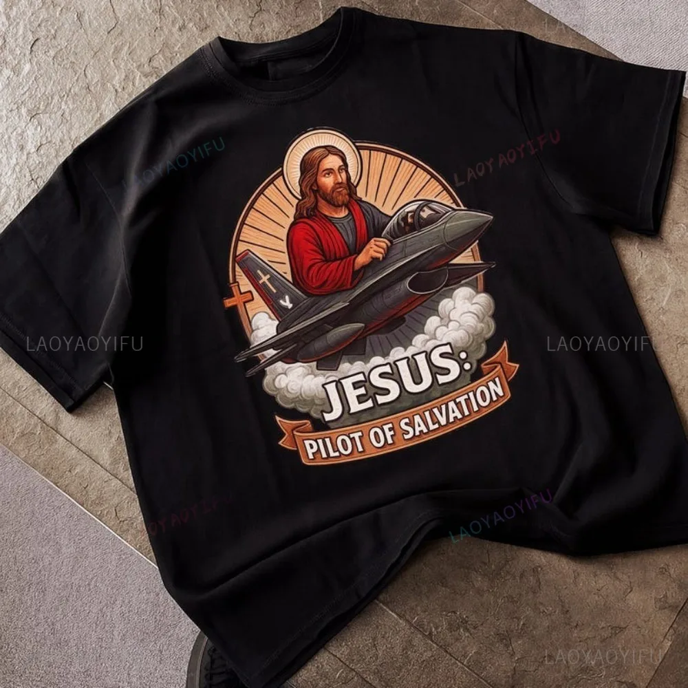 Jesus Pilot Fighter Jet Graphic Christian Tshirt Casual Fashion Loose Harajuku Funny Man T Shirt Cotton Short Sleeve Women Tees