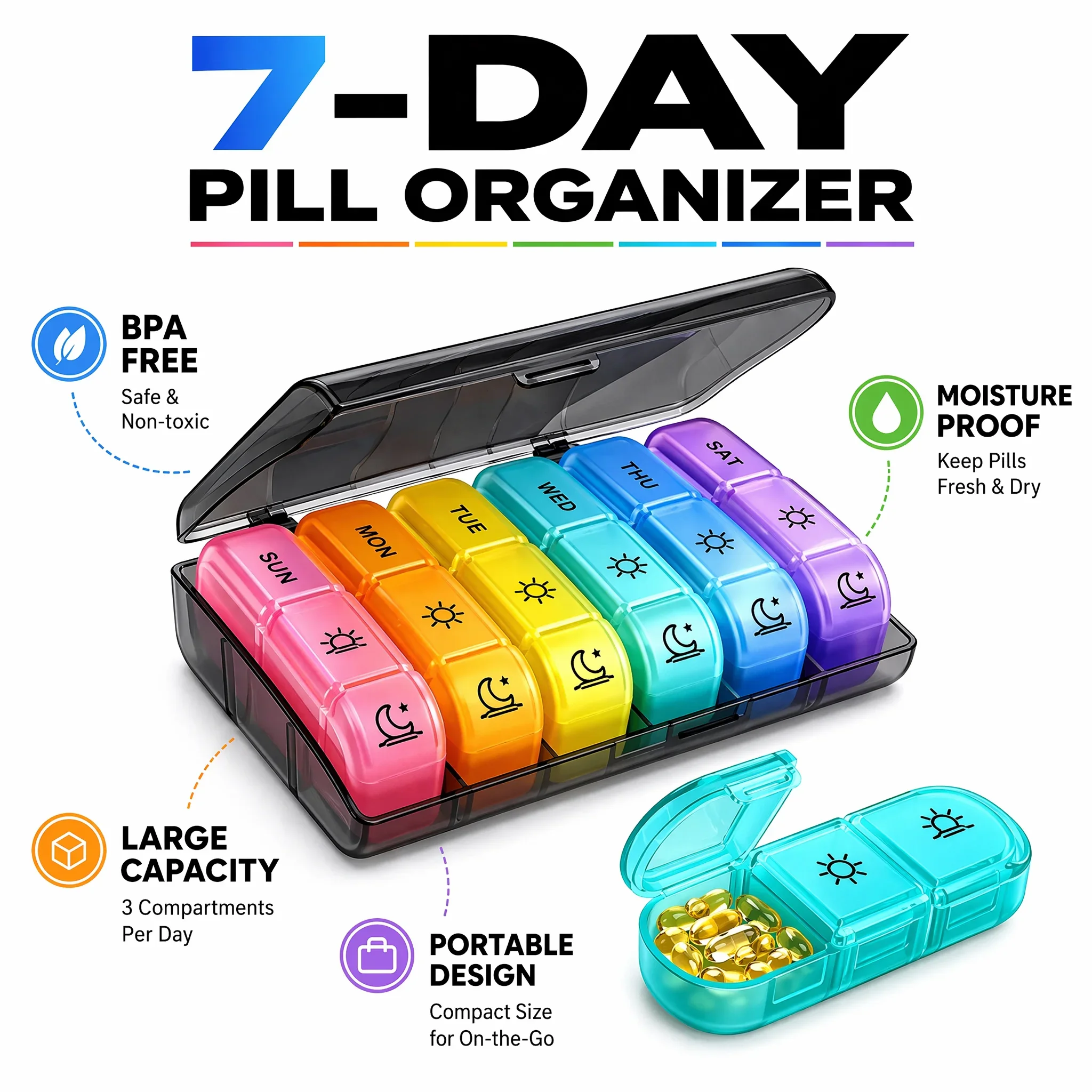 

7 Day Pill Organizer 3 Times a Day - Large Compartment Travel Pill Box, BPA Free for Vitamins, Medicine & Fish Oils