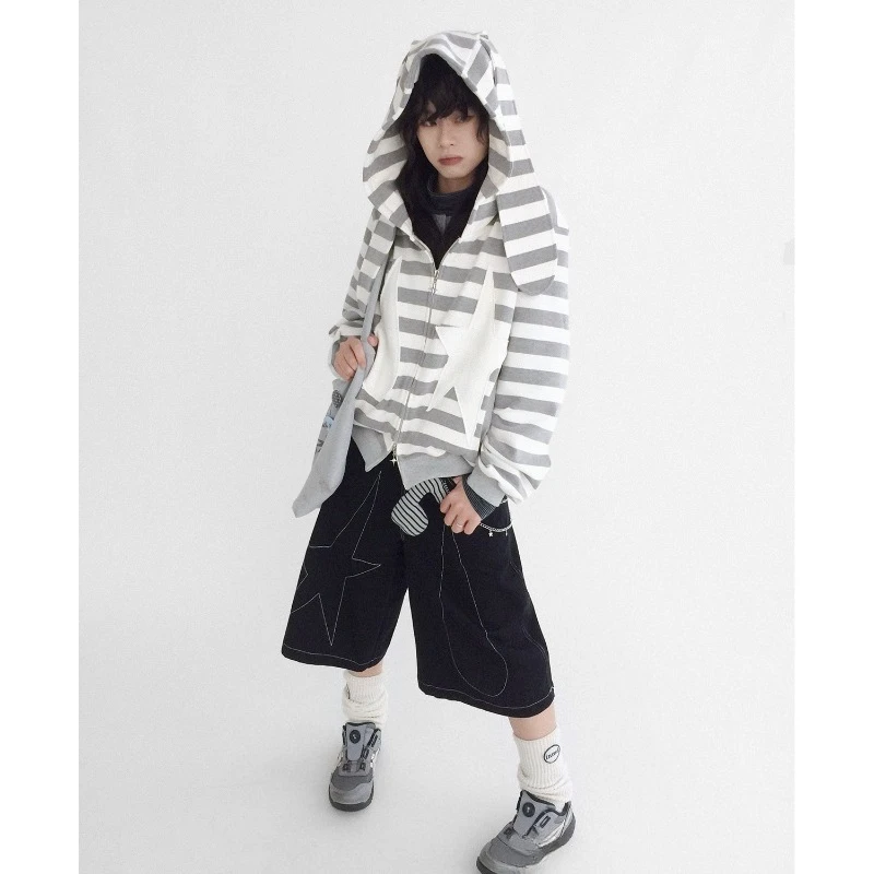 Japanese Original Design Gray White Striped Hooded Women's Sweatshirt Autumn New Patch Star Splicing Zipper Loose Coat Ladies