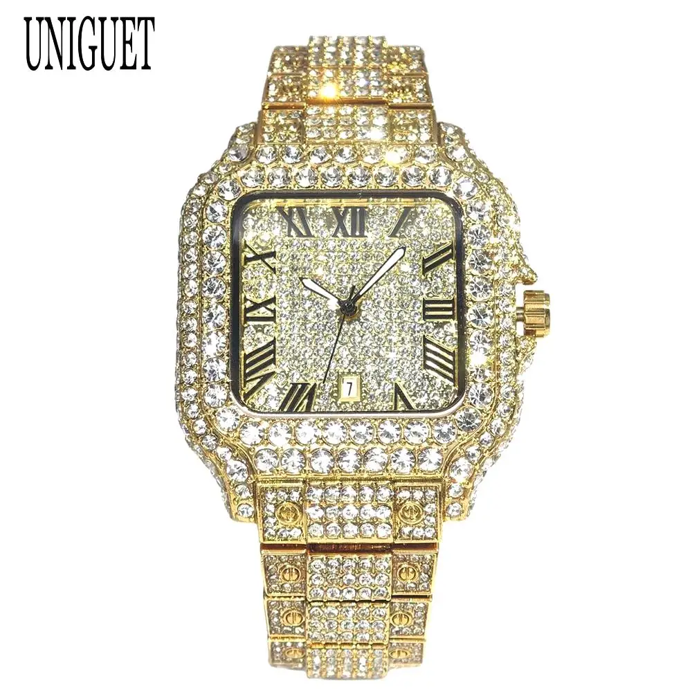 UNIGUET Gold Iced Watches Men Luxury Stainless Steel Quartz Watch Man Fashion Hip Hop Diamond Square Wristwatch 2026 Hot Sale