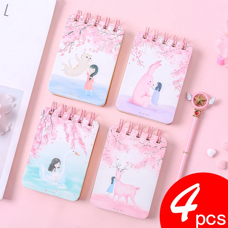 4pcs/set A7 Cartoon Coil Book Student Pocket Notebook Small Fresh Portable Mini Notepad Kawaii Stationery School Office Supply