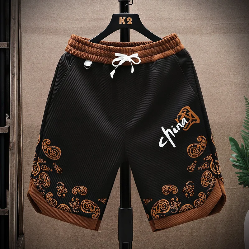 

Модные мужские летние спортивные брюки в этническом стиле, свободные прямые шорты-бермуды с цветными вставками для пляжа, молодежные, для активного отдыха