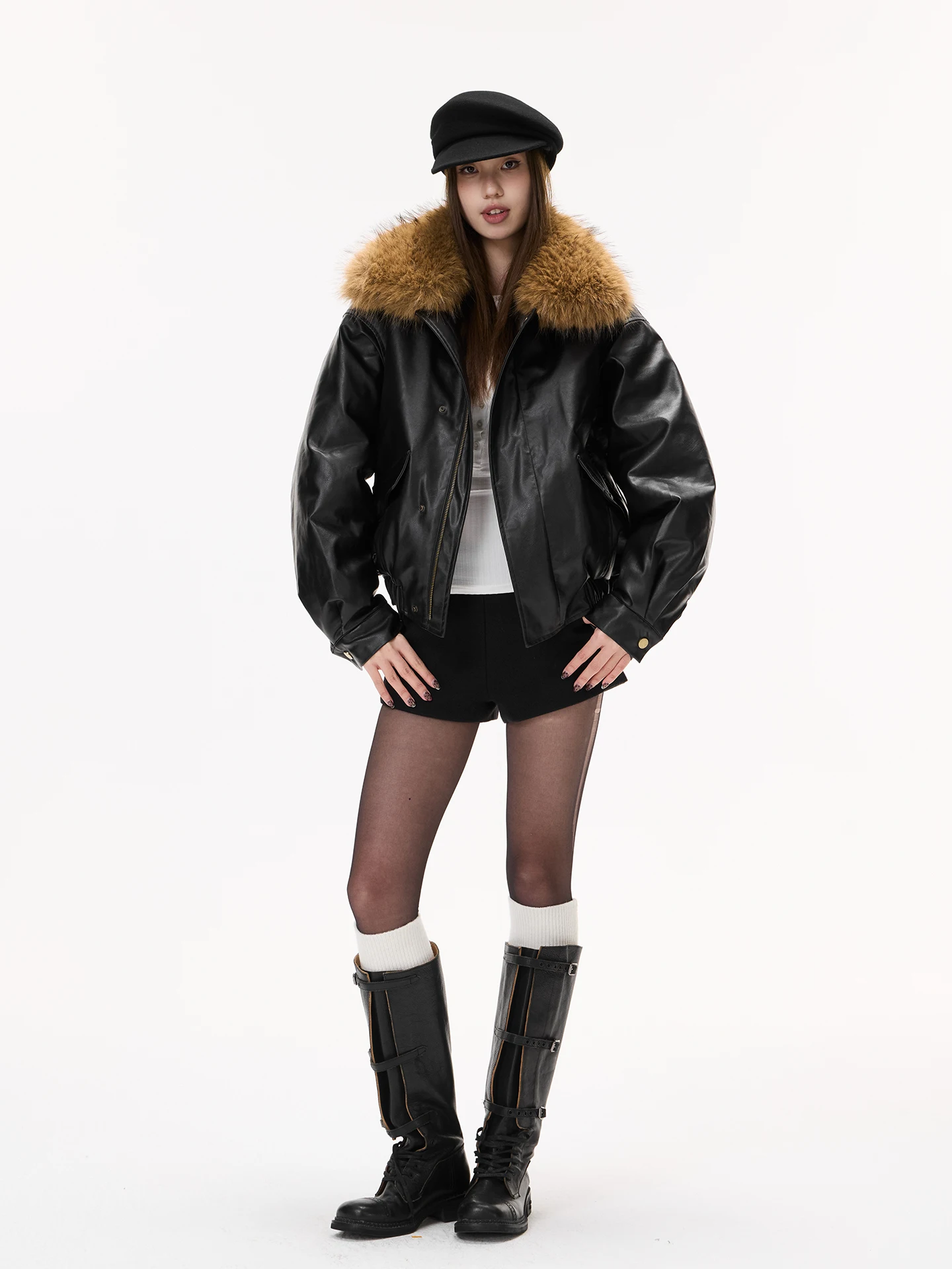 เสื้อโค้ทกันหนาว IceFront รุ่นใหม่สำหรับผู้หญิง ทำจากหนัง PU พร้อมปกขนเทียม แขนยาว ซิป  ลำลอง สไตล์แจ็คเก็ต