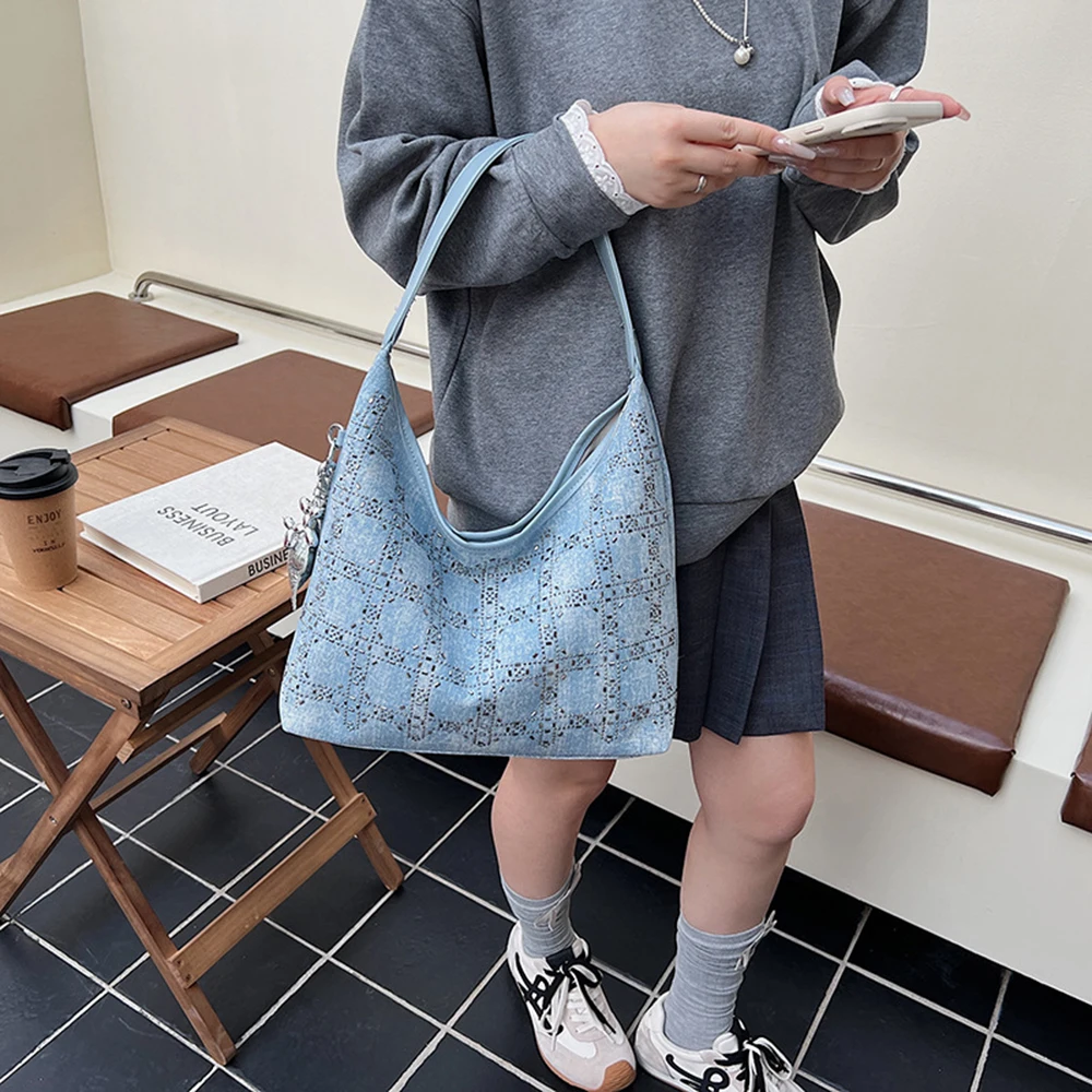 حجر الراين مزين الدينيم حقيبة كروسبودي كتلة اللون حمل المحفظة التصميم الكلاسيكي أكياس نمط الحد الأدنى للاستخدام اليومي للتنقل #4