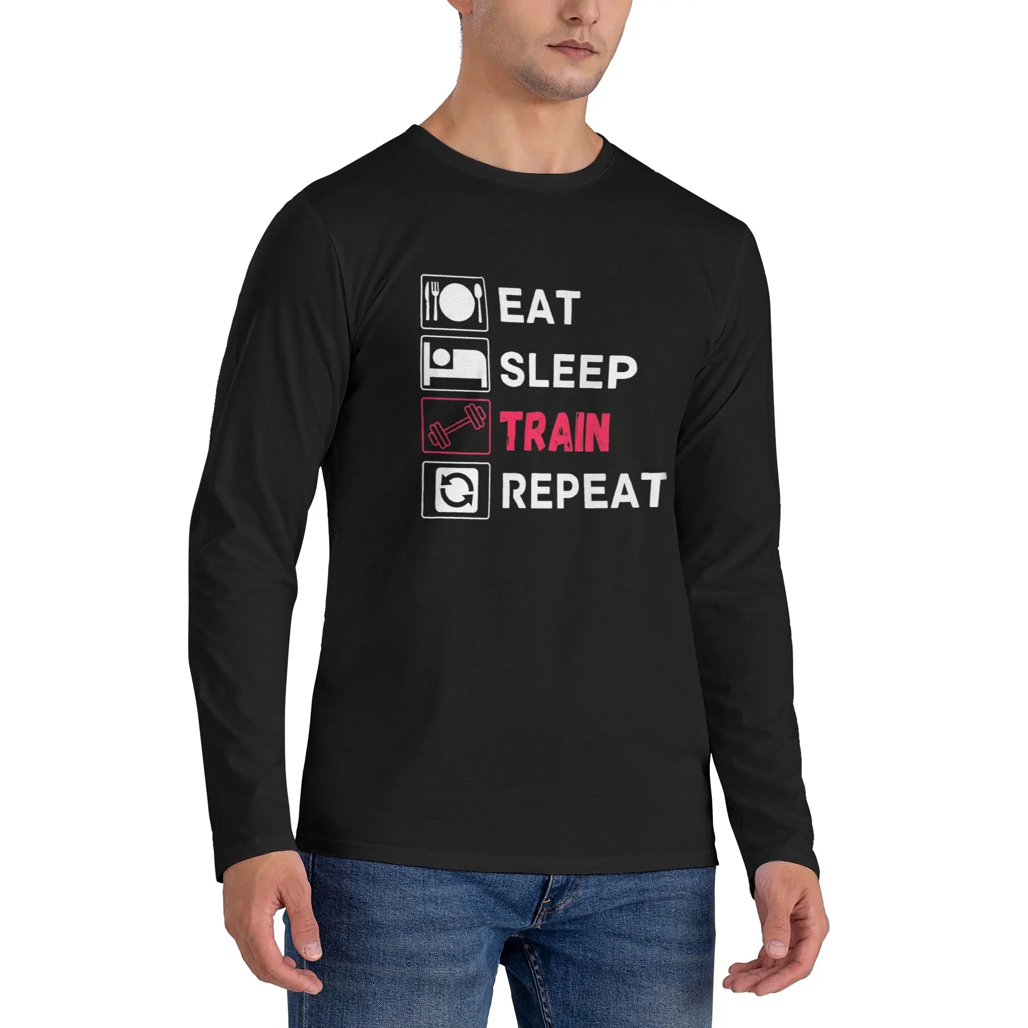 

Eat Sleep Train Repeat Gym Motivational Quote Men's Long Sleeved T-shirt Casual Round Neck T shirts Spring and Autumn Men tops