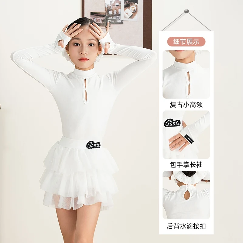 2025 Kinderen Latin Dansvoorstelling Kostuums Voor Meisjes Lange Mouwen Split Rokken Oefenpak Samba Chacha Latin Wear XH3405