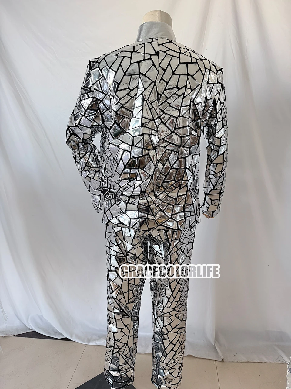 Silver Mirror-Finish Men's Masquerade Costume Reflective Dance Crew Outfit Bar Stage Performance Wear Holiday Party Attire