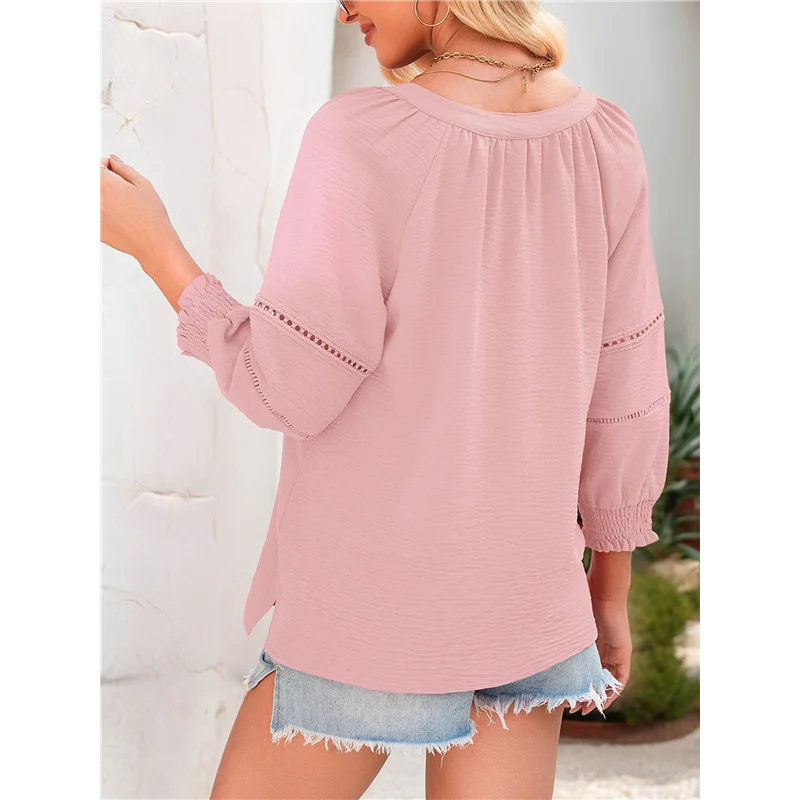 

Womens 3/4 Sleeve Tops Pleated Business Casual Outifits V Neck Blouses Office Loose Shirts-A55G