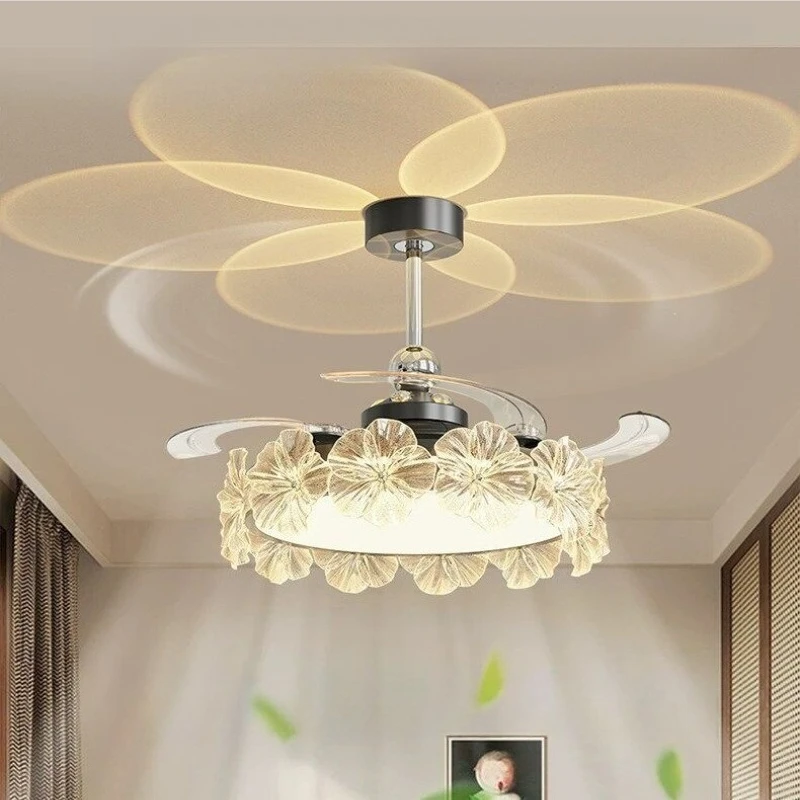 Light Luxury Master Bedroom Pendant Fan Lights with Ambience Projection French Petal Dining Room Hidden Ceiling Fan Lamps Decor