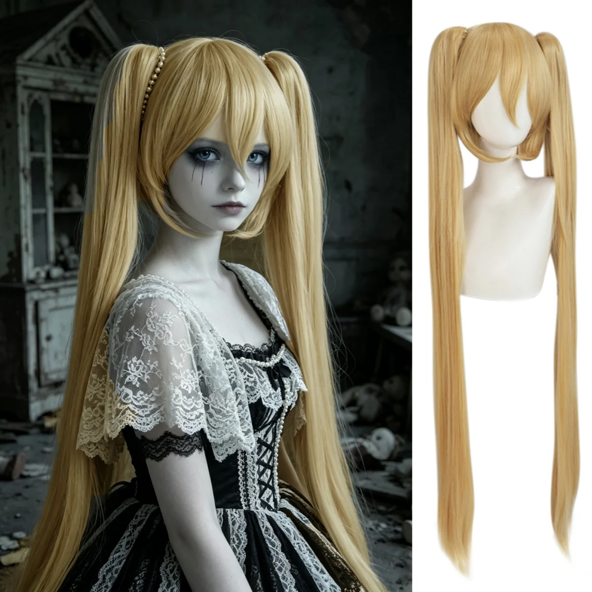 Golden Blonde Detachable Long Twin Ponytails Cosplay Wig for Women Synthetic Hair Wig With Bangs Halloween Anime Dress up Party