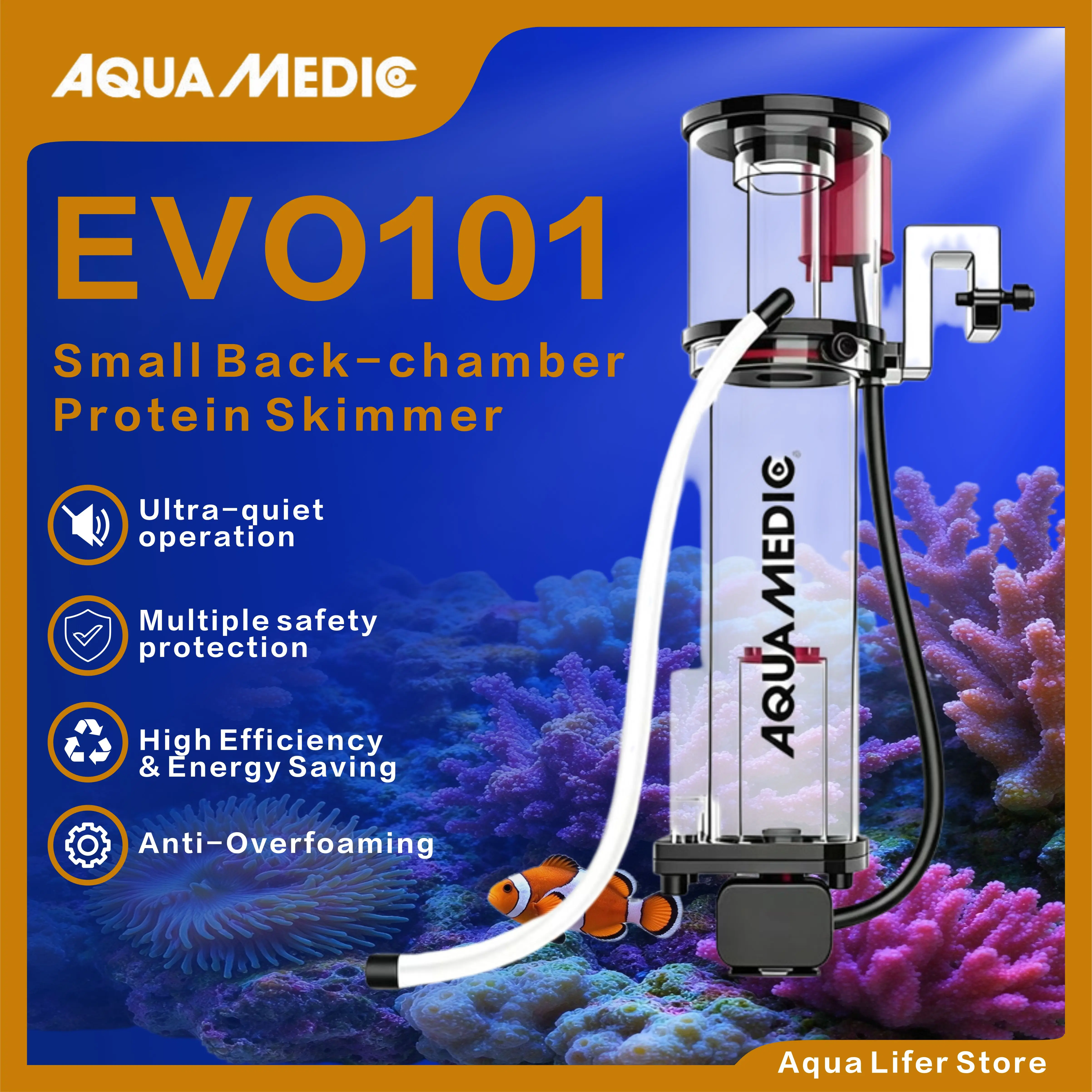 Aqua Medic EVO101 Back Chamber Protein Skimmer, Variable Frequency Silent Anti-Overflow Internal Separator for Marine Reef Tank