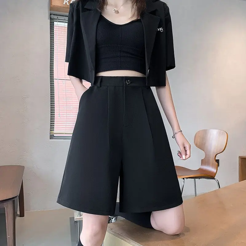 2023 Summer Commuter Simple High Waist Button Panel Pocket Straight Slender Loose Relaxed Sports Women's Wide Leg Middle Pants