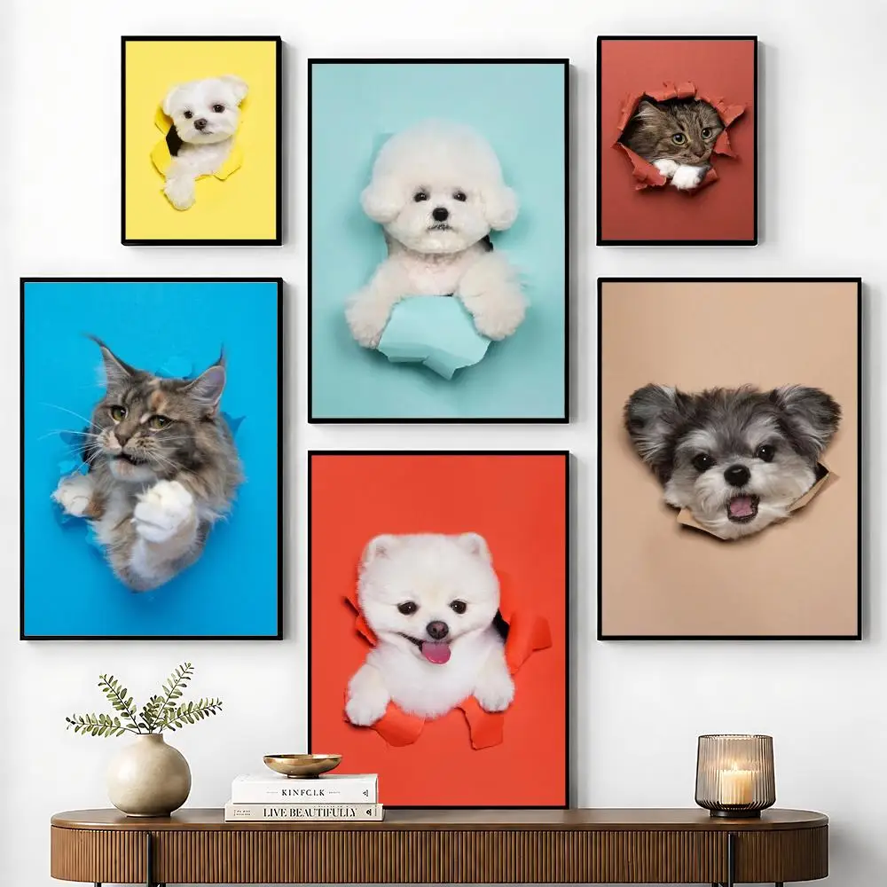 Cute Naughty Cats Dogs Poster Perfect Sticker Self Adhesive for Office Home Theater Wall Art Decor Fancy Gift