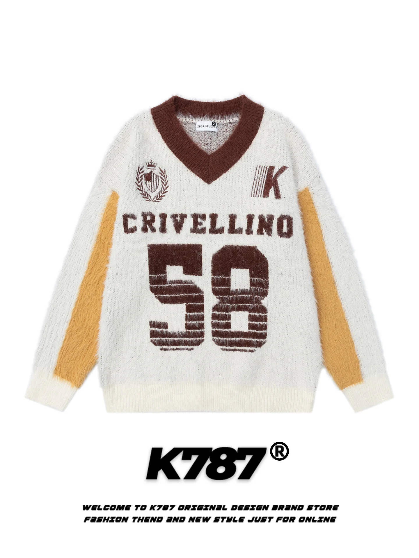 

American Retro K787 Men's Loose Fit V-Ne Sweater Casual Knitted Sportswear Contrast Color Crew Ne Couple's Knitwear