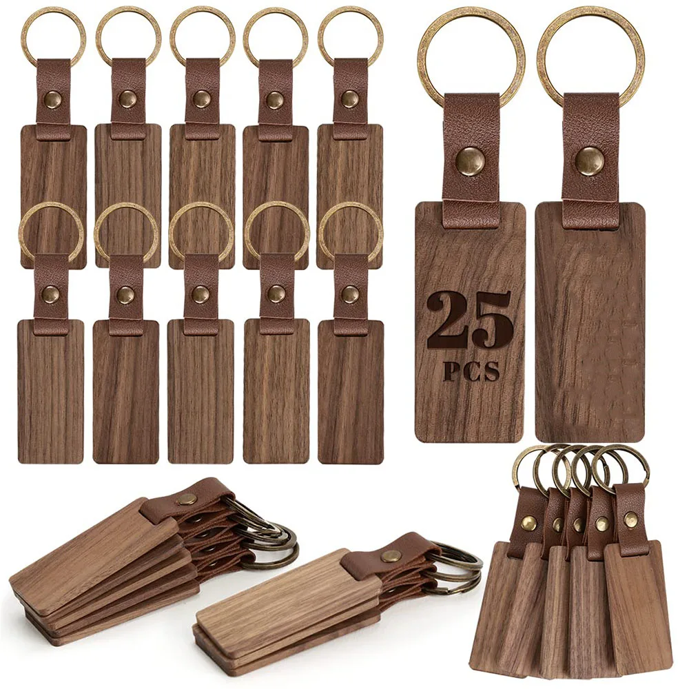 25pcs Leather Wood Keychain Blank Unfinished Wooden Keychains for Laser Engraving DIY Various Key Tags Wood Crafts Gift