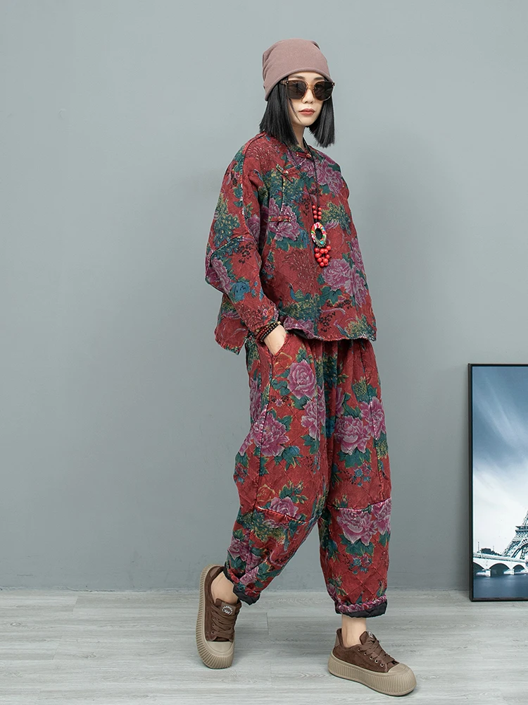 2024 Autumn Chinese Style Peony Flower Pant Set Vintage Cotton Linen Double-layer Long Sleeved Shirt + Pant Two-piece Set LX2424