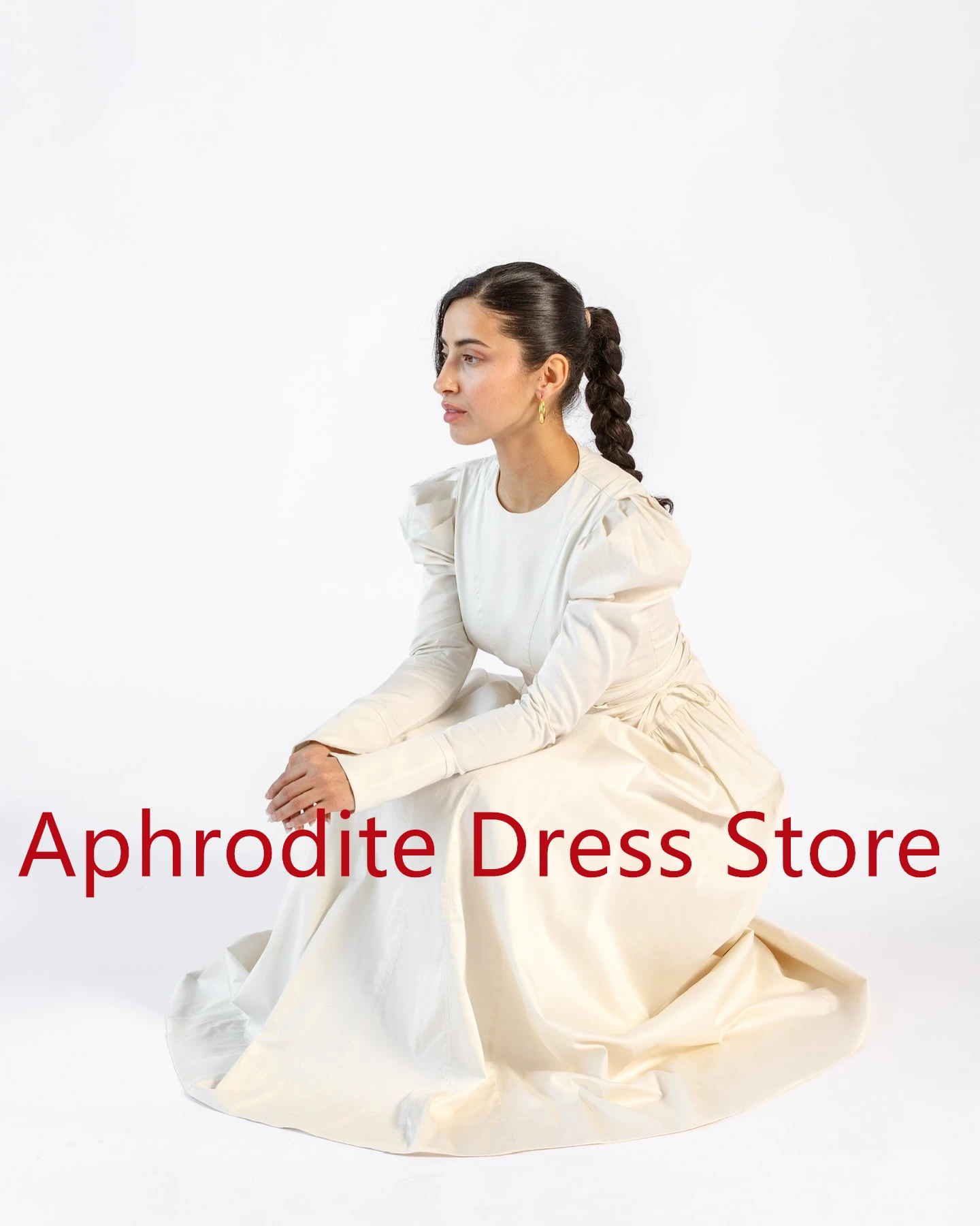 فستان سهرة أنيق من الساتان الأبيض مخصص ورشيق رائع برقبة دائرية وأكمام طويلة فساتين المشاهير عالية الجودة Pr #6