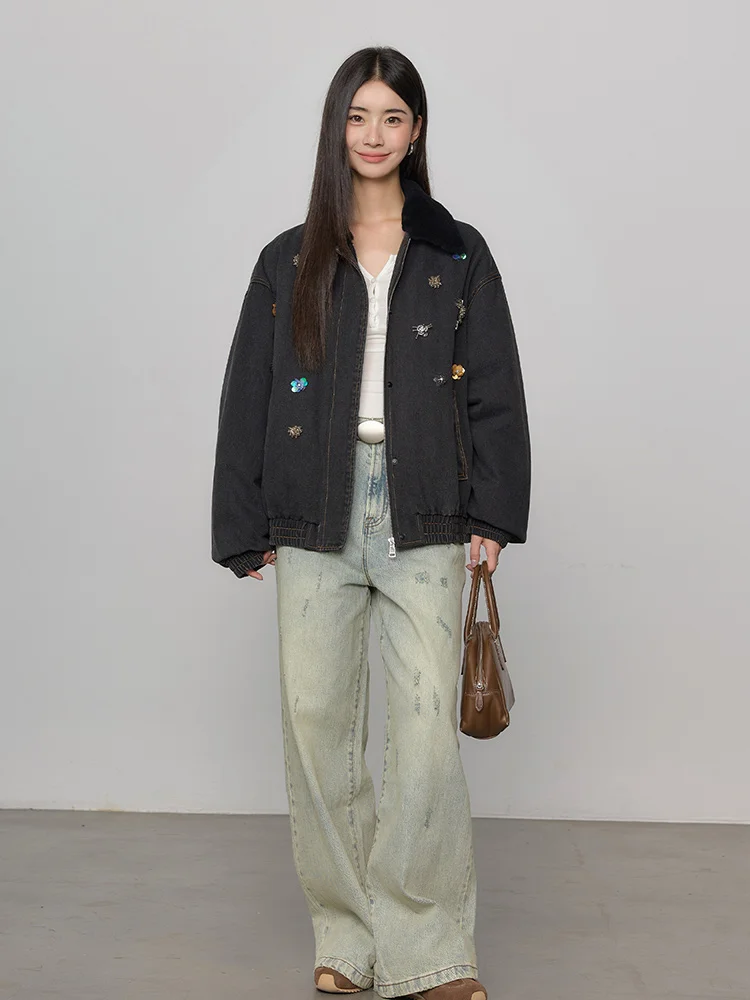 เสื้อโค้ทเดนิมบุขนห่านแท้ ขนแกะเมอริโนแท้ สำหรับผู้หญิง ฤดูหนาว 2025  หรูหรา อุ่นหนา